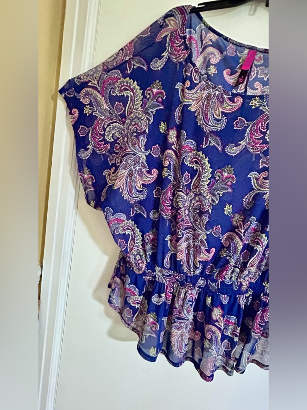 Pure Energy Peplum Tunic Blouse Size 3 Plus Navy Pink Paisley Top Elastic Sheer - Picture 4 of 12